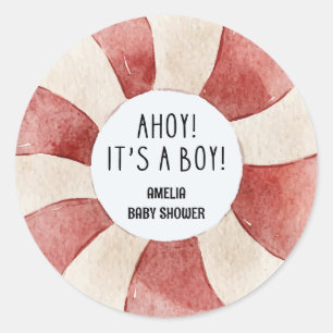 Sticker Rond Matelot c'est un garçon bleu Voilier Baby shower