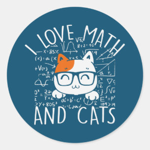 Sticker Rond Math Kitty Chat I Love Math And Cats