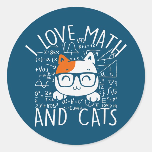 Sticker Rond Math Kitty Chat I Love Math And Cats (Devant)