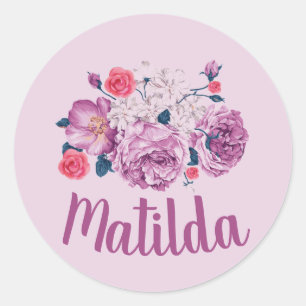 Sticker Rond Matilda Nom Floral Personnalisé Fleur Vintage Fill