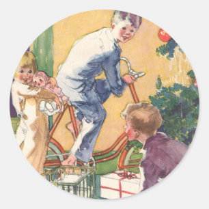 Sticker Rond Matin de Noël Vintage, Enfants avec Présents