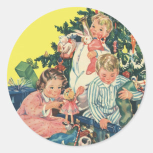 Sticker Rond Matin de Noël vintage, enfants ouvrant des cadeaux