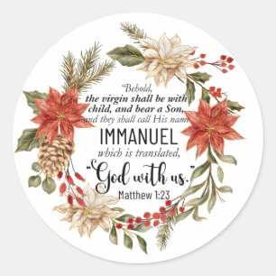 Sticker Rond Matthieu 1:23 Emmanuel Dieu avec nous Noël Floral
