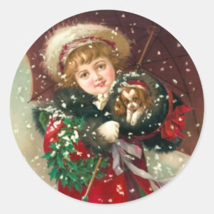 Sticker Rond Maud Humphrey's Winter Girl with dog