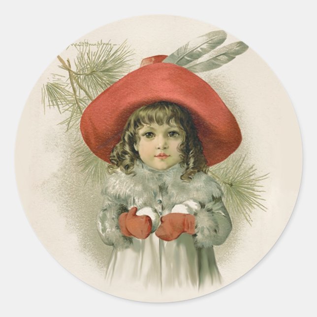 Sticker Rond Maude Humphrey Girl and Snowballs (Devant)