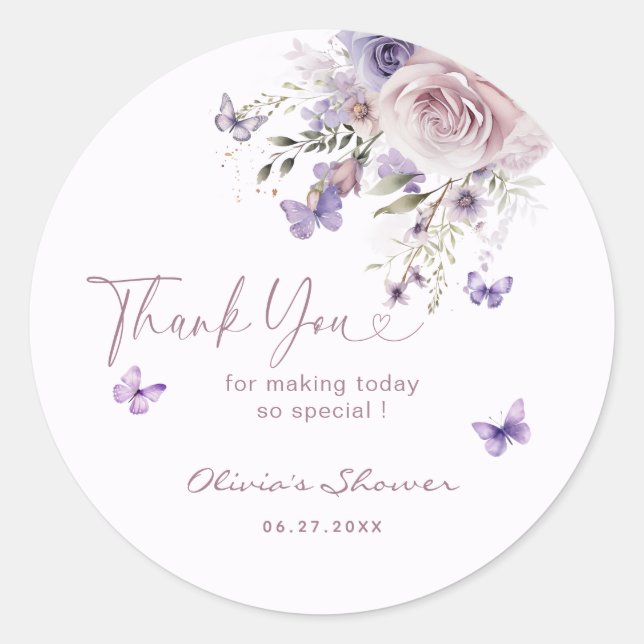 Sticker Rond Mauve Baby shower papillon violet  Merci (Devant)