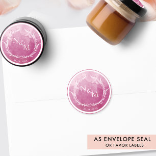 Sticker Rond Mauve rose Aquarelle Monogramme Enveloppe Sceau/Fa