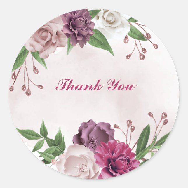 Sticker Rond mauve rose fleurs blanches merci (Devant)