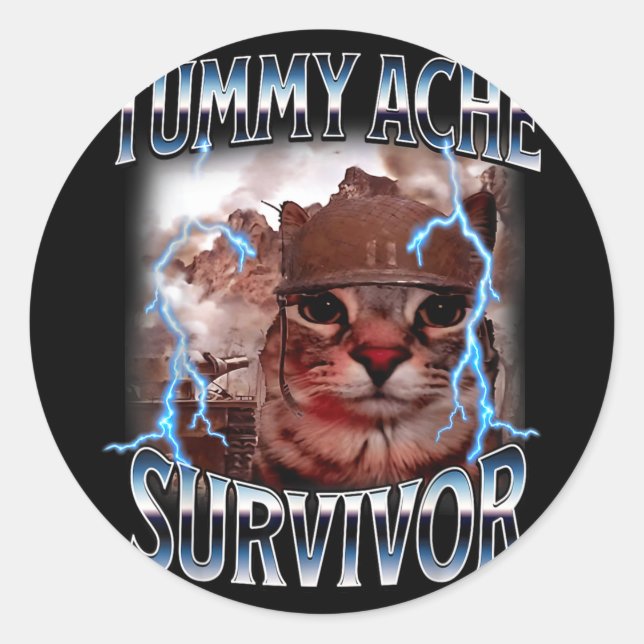 Sticker Rond Maux de ventre survivant mème de chat drôle survéc (Devant)