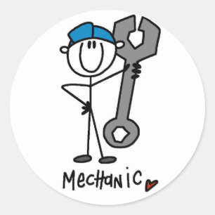 Sticker Rond Mécanicien avec personnage bâton de clé anglaise