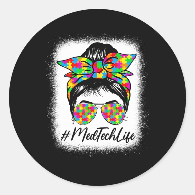 Sticker Rond Med Tech Messy Bun Femmes soutenant l'autisme (Devant)