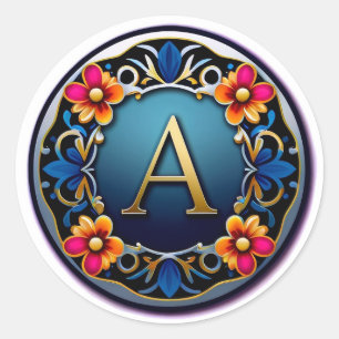 Sticker Rond Médaille de lettre dorée élégante A avec couronne
