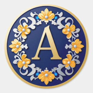 Sticker Rond Médaille de lettre dorée élégante avec couronne fl