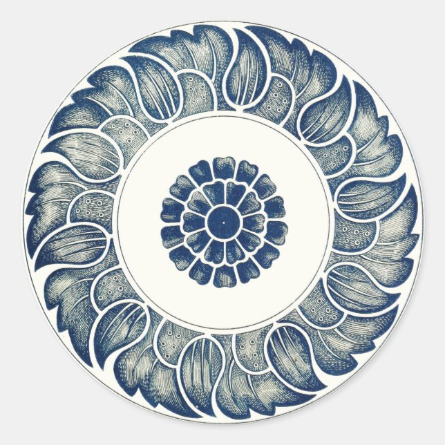 Sticker Rond Médaillon Chinois : Chinoiserie Bleu Indigo (Devant)