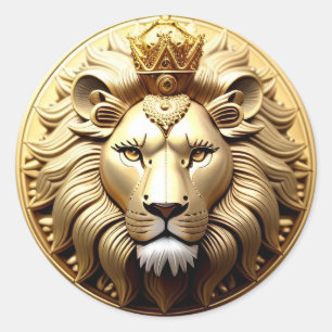 Sticker Rond Médaillon Lion D'Or Avec Couronne
