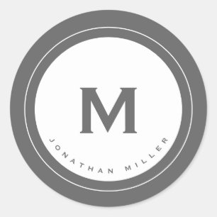Sticker Rond Médaillon minimaliste de monogramme gris avec nom