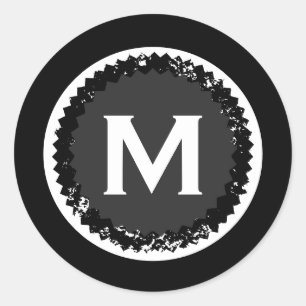 Sticker Rond Médaillon Monogramme moderne noir et blanc