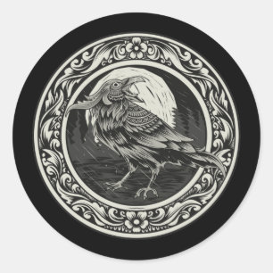 Sticker Rond Médaillon Raven Cartographie Art Oiseau Nature