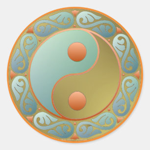 Sticker Rond Médaillon Yin Yang Or Turquoise