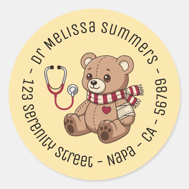 Sticker Rond Médecin Nounours Rond Texte Jaune (Devant)