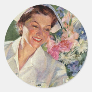 Sticker Rond Médecine Vintage, Infirmière heureuse en uniforme