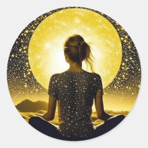 Sticker Rond Méditation féminine sous la lune céleste