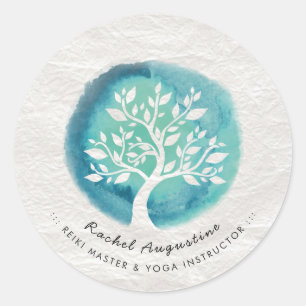 Sticker Rond Méditation Yoga Instructeur Elégant Aquarelle Arbr