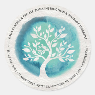 Sticker Rond Méditation Yoga Instructeur Elégant Aquarelle Arbr