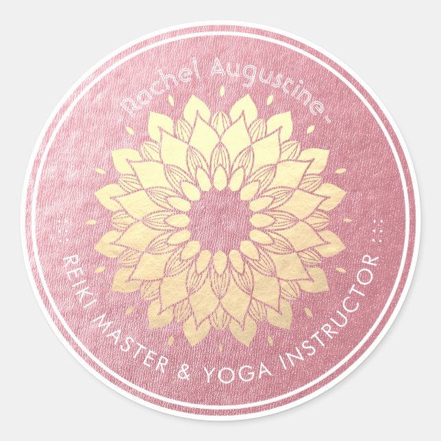 Sticker Rond Méditation Yoga Instructeur Rose Gold Mandala Lotu (Devant)