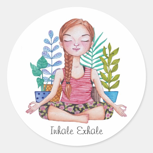 Sticker Rond Méditer la fille avec les Plantes (Devant)
