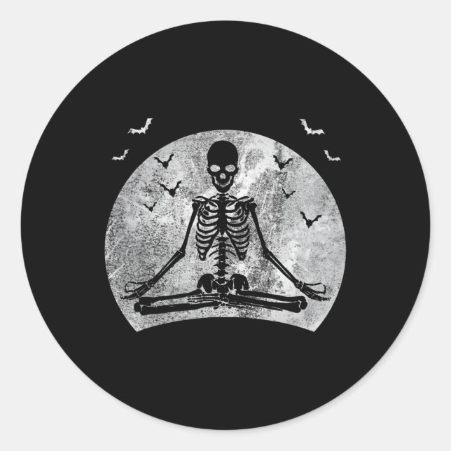 Sticker Rond Méditer Skeleton Yoga Lover Halloween Coût Lune (Devant)