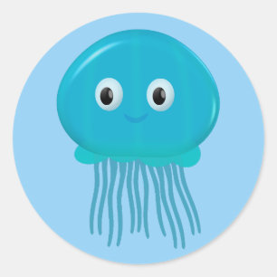 Sticker Rond Méduse de dessin animé mignonne dans l'océan bleu