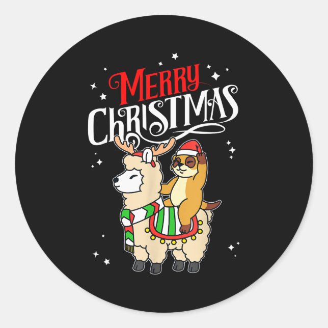 Sticker Rond Meerkat Merry Christmas Reindeer Llama Riding Meer (Devant)