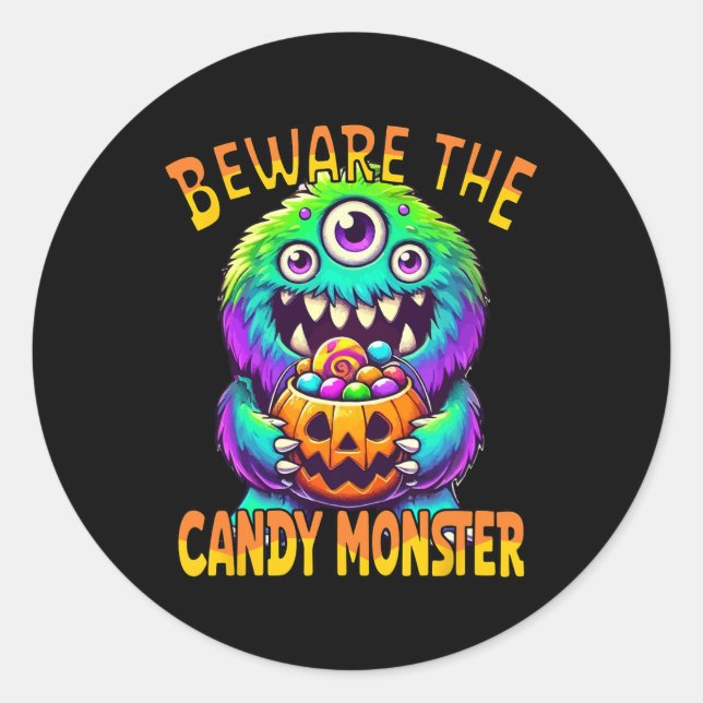 Sticker Rond Méfiez-vous du mignon monstre d'Halloween Candy (Devant)
