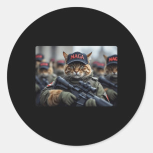 Sticker Rond Mégachatte drôle avec fusil - Donald Trump humoris
