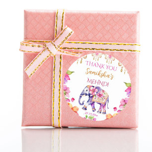 Sticker Rond Mehndi mariage indien éléphant fleurs roses faveur