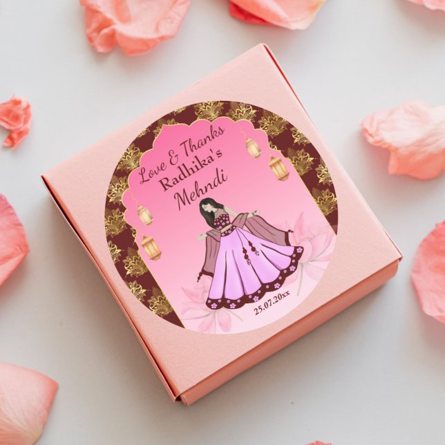 Sticker Rond Mehndi marron rose or doré lotus faveur de la mari (Mehndi favor gift thank you stickers Indian mehandi dancing bride maroon pink gold lotus favors)