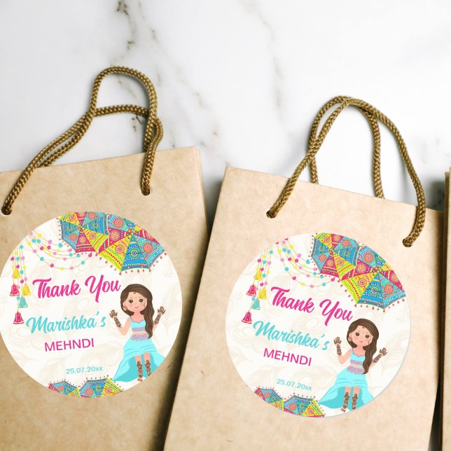 Sticker Rond Mehndi rose bleu fille indienne cute merci faveur (Mehndi favor stickers pink blue cute Indian girl thank you favor Classic Round Sticker )