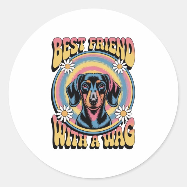 Sticker Rond Meilleur ami teckel avec une queue qui remue (Devant)