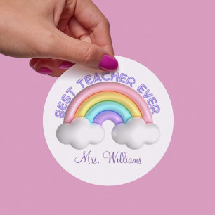 Sticker Rond meilleur enseignant jamais mignon arc-en-ciel pers