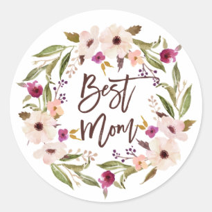 Sticker Rond Meilleure maman Bohème Aquarelle Florale Wreath