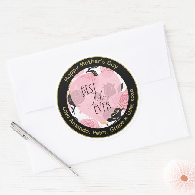 Sticker Rond Meilleure maman Jamais Coeurs et Roses (Enveloppe)