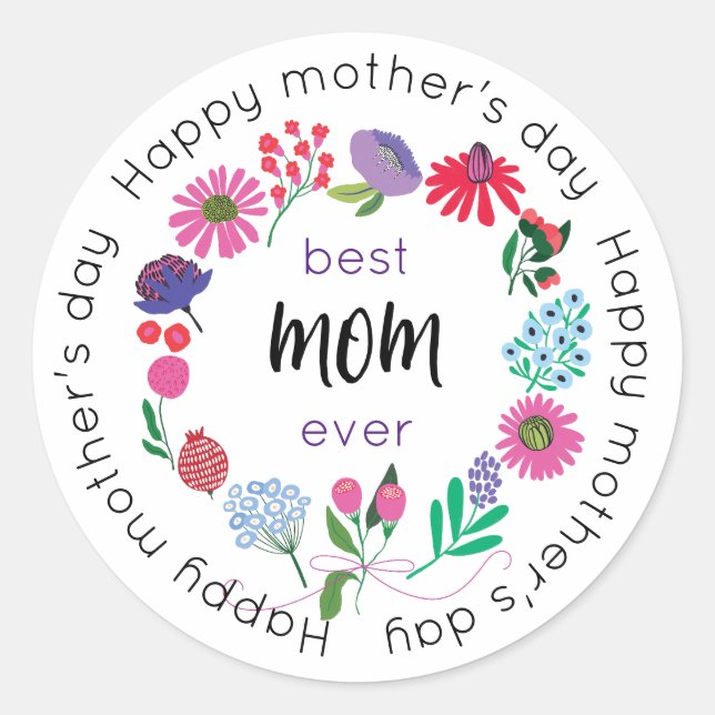 Sticker Rond Meilleure maman jamais Flower Wreath, Bonne fête d (Devant)