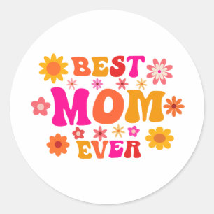 Sticker Rond Meilleure Maman Jamais Rétro Fleurie Groovy Fête d