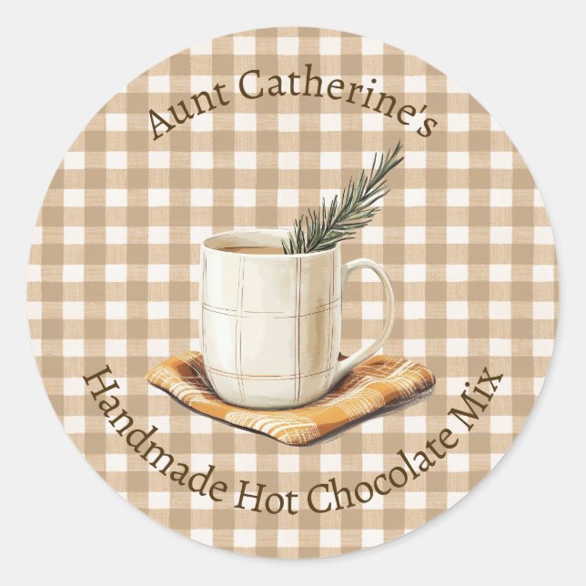 Sticker Rond Mélange de Chocolat Chaud Rustique Noël Gingham Ma (Devant)