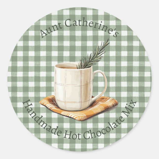 Sticker Rond Mélange de Chocolat Chaud Rustique Noël Gingham Ve (Devant)