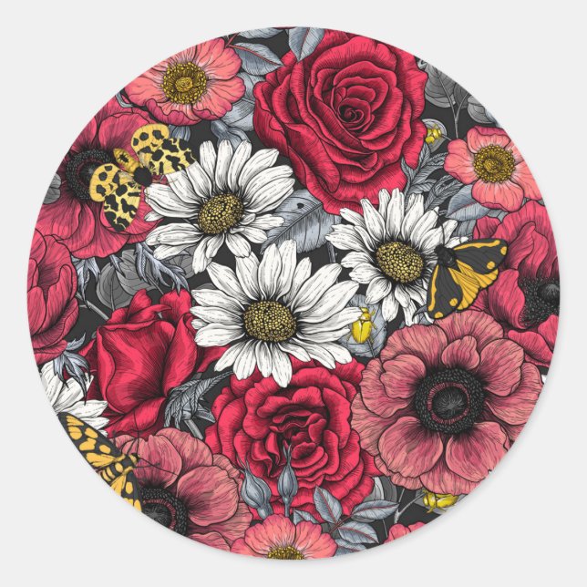Sticker Rond Mélange de fleurs en rouge et gris (Devant)