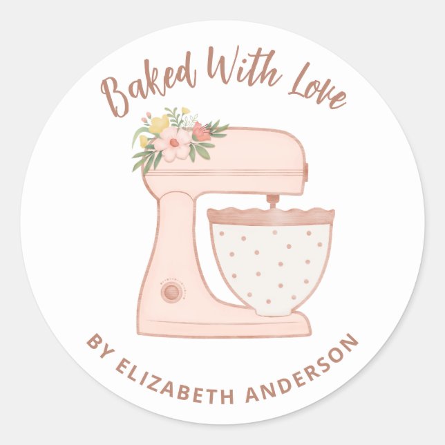 Sticker Rond Mélange De Gâteau Rose Cuit Cuit Avec Amour (Devant)