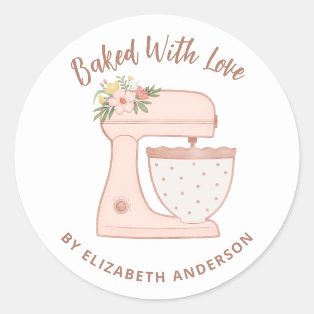 Sticker Rond Mélange De Gâteau Rose Cuit Cuit Avec Amour (Devant)