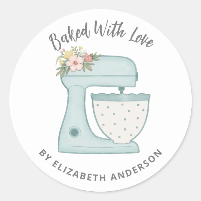 Sticker Rond Mélangeur à gâteau mignon cuit avec amour (Devant)